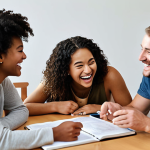 ** A diverse group of friends studying together, laughing and discussing complex patent law concepts. Focus on collaboration and a positive, supportive learning environment.

**