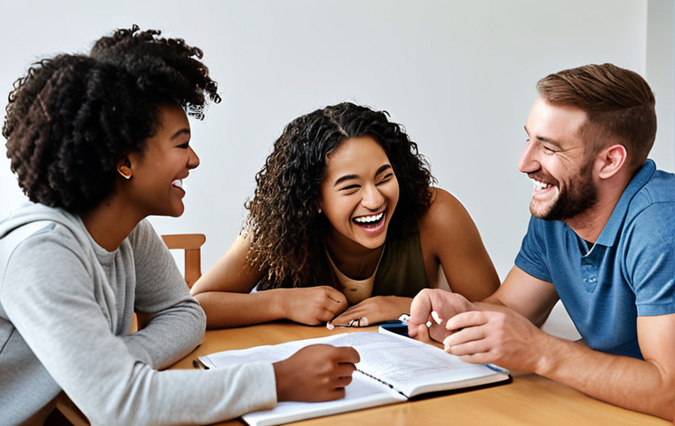 ** A diverse group of friends studying together, laughing and discussing complex patent law concepts. Focus on collaboration and a positive, supportive learning environment.
**