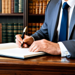 A professional male patent attorney, fully clothed in a modest business suit, diligently writing notes in a leather-bound work diary on a polished wooden desk. The classic law office background features bookshelves filled with legal texts and a warm, inviting atmosphere. Professional photography, high detail, perfect anatomy, correct proportions, natural pose, well-formed hands, proper finger count, natural body proportions, safe for work, appropriate content, fully clothed, professional dress, family-friendly.