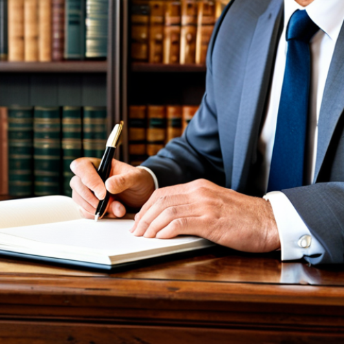 Home 14 A professional male patent attorney, fully clothed in a modest business suit, diligently writing notes in a leather-bound work diary on a polished wooden desk. The classic law office background features bookshelves filled with legal texts and a warm, inviting atmosphere. Professional photography, high detail, perfect anatomy, correct proportions, natural pose, well-formed hands, proper finger count, natural body proportions, safe for work, appropriate content, fully clothed, professional dress, family-friendly.