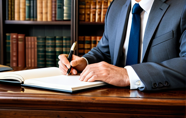 A professional male patent attorney, fully clothed in a modest business suit, diligently writing notes in a leather-bound work diary on a polished wooden desk. The classic law office background features bookshelves filled with legal texts and a warm, inviting atmosphere. Professional photography, high detail, perfect anatomy, correct proportions, natural pose, well-formed hands, proper finger count, natural body proportions, safe for work, appropriate content, fully clothed, professional dress, family-friendly.