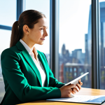 A professional female patent attorney, fully clothed in a modest business suit, sitting at a sleek desk in a modern, sunlit office. The desk holds legal documents, a digital tablet displaying abstract green energy schematics, and a small, vibrant potted plant. The background features a large window with a blurred view of a city skyline incorporating subtle green architecture elements. The atmosphere is calm and focused. Perfect anatomy, correct proportions, natural pose, well-formed hands, proper finger count, natural body proportions, professional photography, high quality, sharp focus, safe for work, appropriate content, family-friendly.