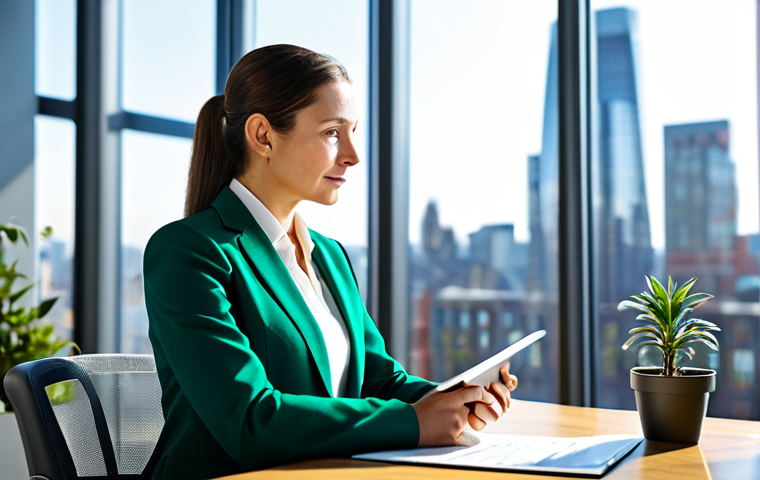 A professional female patent attorney, fully clothed in a modest business suit, sitting at a sleek desk in a modern, sunlit office. The desk holds legal documents, a digital tablet displaying abstract green energy schematics, and a small, vibrant potted plant. The background features a large window with a blurred view of a city skyline incorporating subtle green architecture elements. The atmosphere is calm and focused. Perfect anatomy, correct proportions, natural pose, well-formed hands, proper finger count, natural body proportions, professional photography, high quality, sharp focus, safe for work, appropriate content, family-friendly.