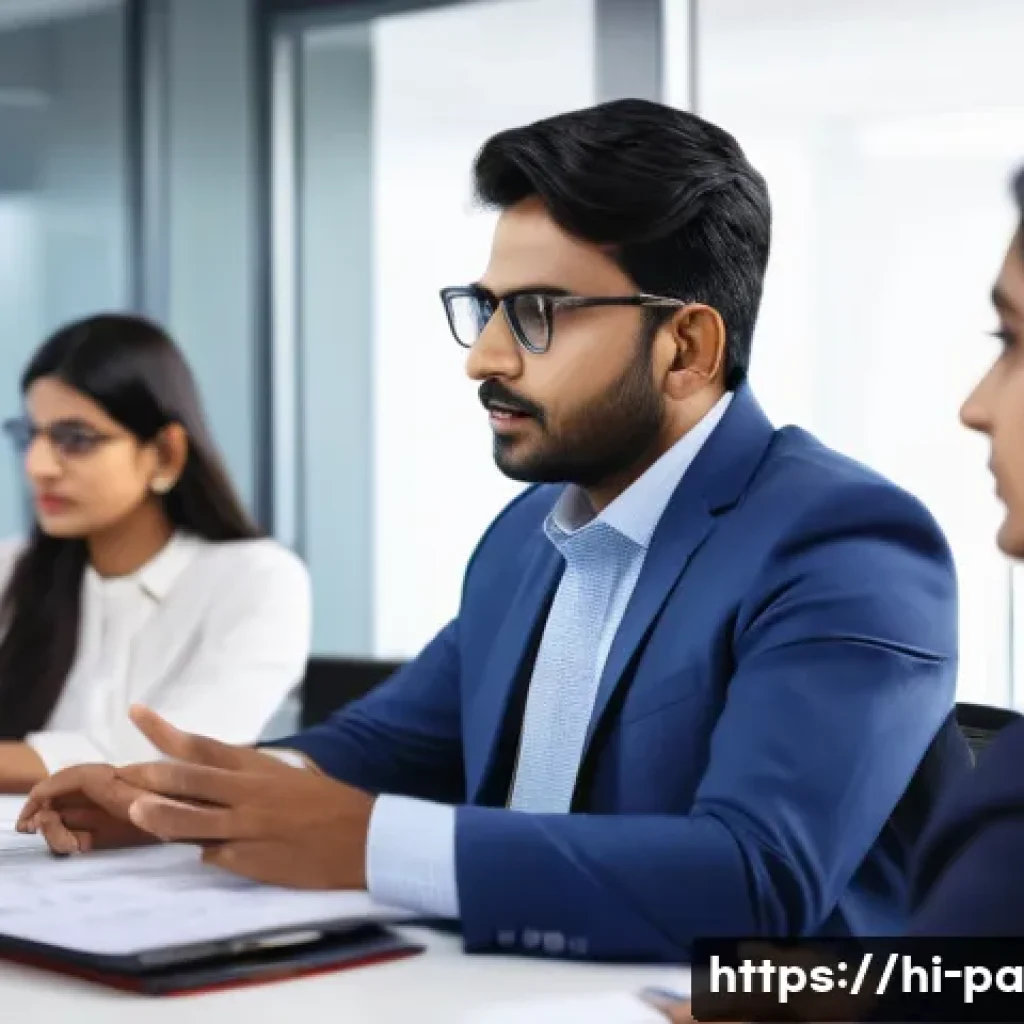 변리사로서 클라이언트 관리 - A professional Indian patent agent attentively listening to a Hindi-speaking client in a modern offi...