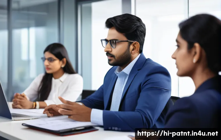 변리사로서 클라이언트 관리 - A professional Indian patent agent attentively listening to a Hindi-speaking client in a modern offi...