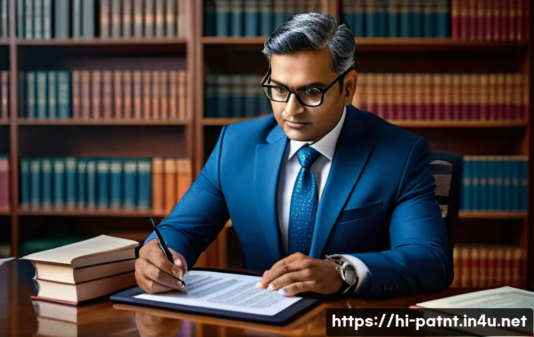 변리사와 지속 가능한 혁신 - A professional Indian patent attorney in a modern office setting, reviewing detailed technical paten...