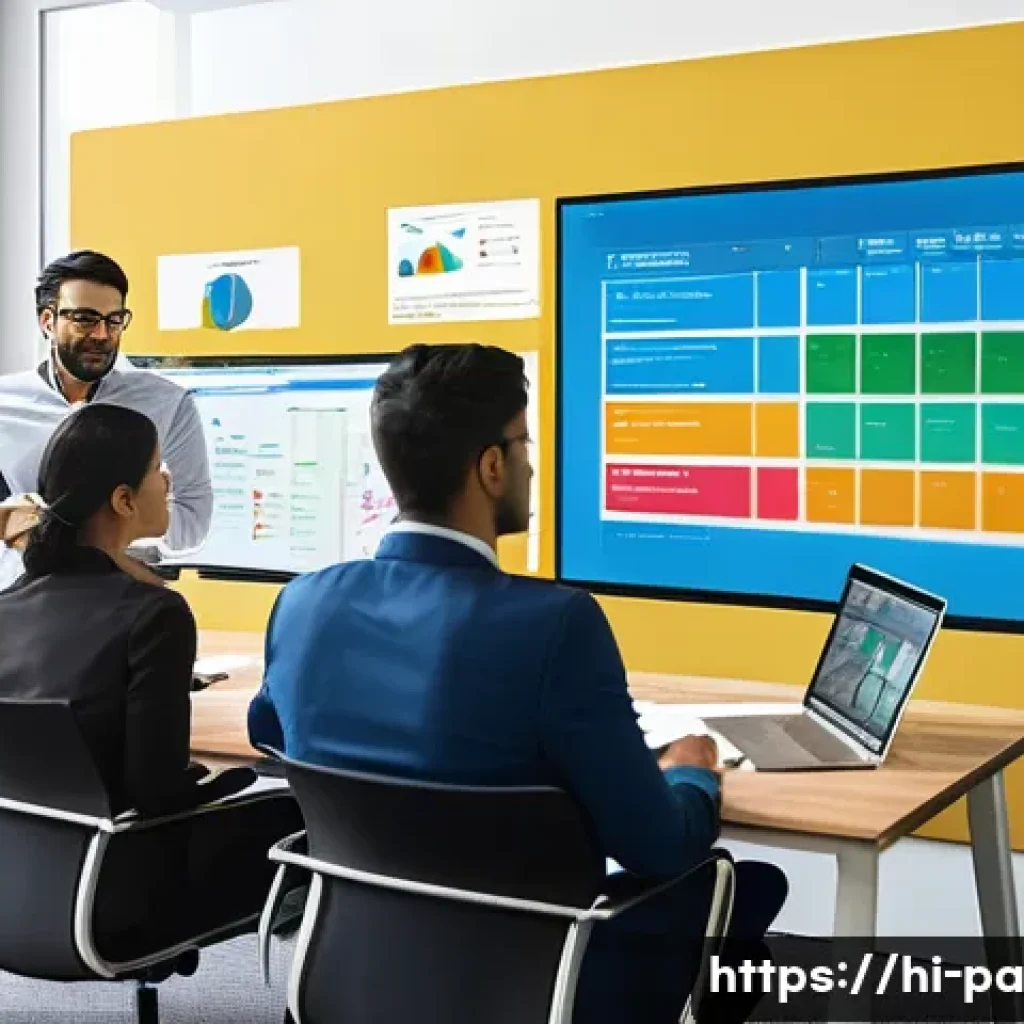 변리사 실무 프로젝트 관리 - A professional office scene showing a diverse team of patent attorneys and technical experts collabo...