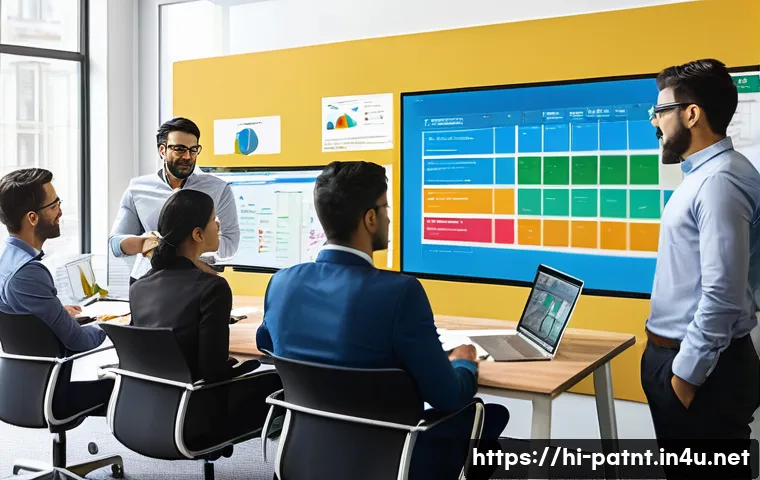 변리사 실무 프로젝트 관리 - A professional office scene showing a diverse team of patent attorneys and technical experts collabo...