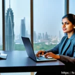 Home 21 변리사로서의 경력 전환 사례 - A professional Indian expat woman in formal business attire, sitting confidently at a modern office ...