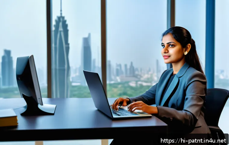 변리사로서의 경력 전환 사례 - A professional Indian expat woman in formal business attire, sitting confidently at a modern office ...