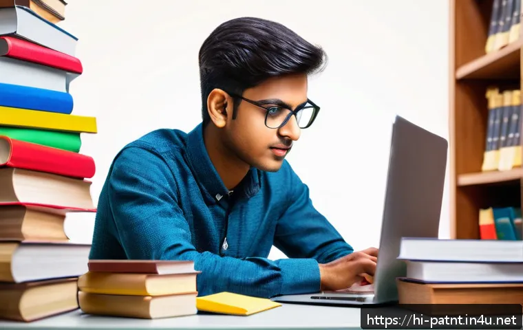 변리사 시험 기출문제 분석 - A detailed, vibrant illustration of a young Indian student studying patent law at a desk covered wit...