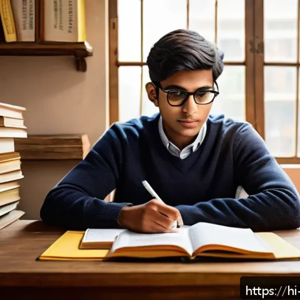 변리사 시험 영어 준비법 - A professional study scene depicting a young Indian student with medium brown skin and black hair, s...