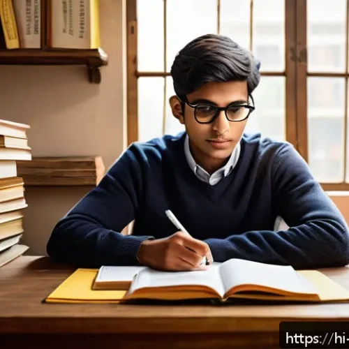 Home 30 변리사 시험 영어 준비법 - A professional study scene depicting a young Indian student with medium brown skin and black hair, s...