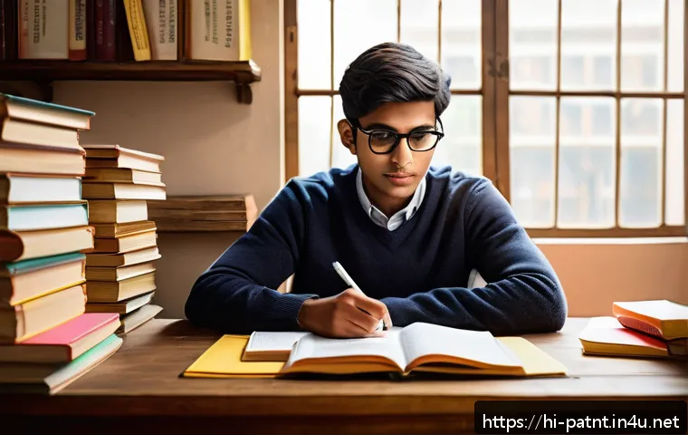 변리사 시험 영어 준비법 - A professional study scene depicting a young Indian student with medium brown skin and black hair, s...
