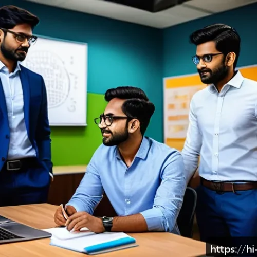 Home 17 변리사와 창업 생태계 - A modern Indian startup office scene showing a diverse team of young professionals collaborating wit...