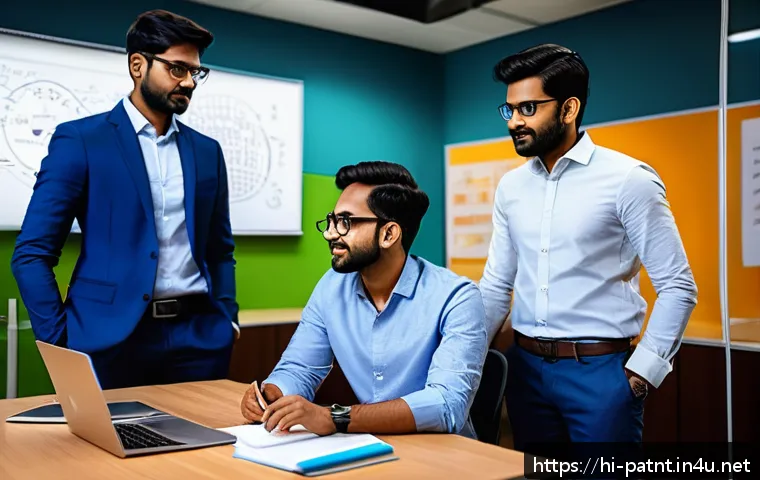 변리사와 창업 생태계 - A modern Indian startup office scene showing a diverse team of young professionals collaborating wit...