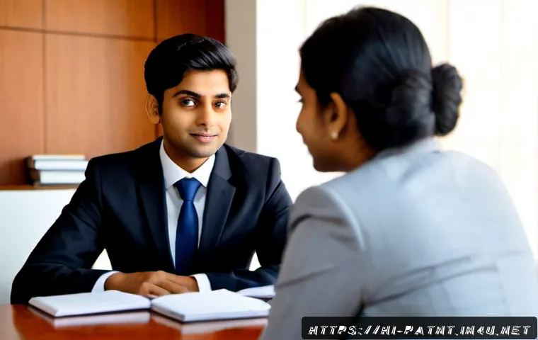 변리사 시험 성공 비결 인터뷰 - Photorealistic editorial interview scene featuring a confident young Indian patent attorney exam top...