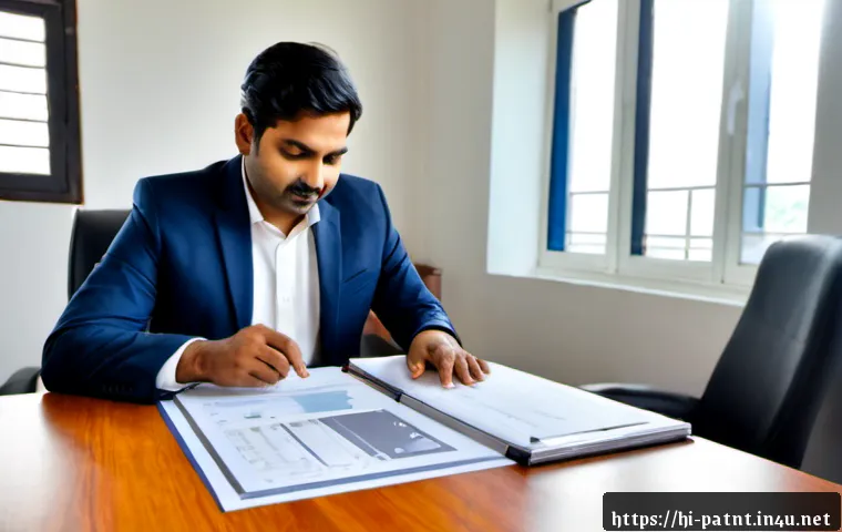 변리사로서의 업무 사례 공유 - Photorealistic Indian patent attorney in a modern Mumbai office, calmly reviewing a technical protot...