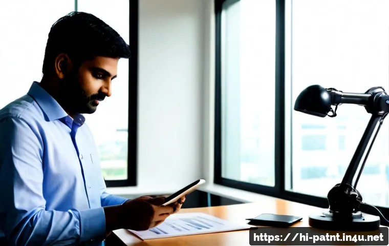 Home 17 변리사와 융합 기술 트렌드 - Photorealistic Indian patent attorney and robotics engineer collaborating at a clean modern office d...