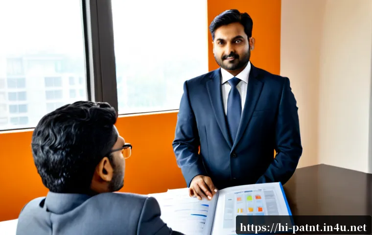 변리사로 성공한 사람들 - Photorealistic Indian patent attorney in a tailored professional suit, confidently presenting an inn...